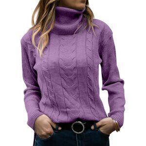 Women Light Purple Pull On Cable Knit Turtleneck Long Sleeve Casual Warm Sweater